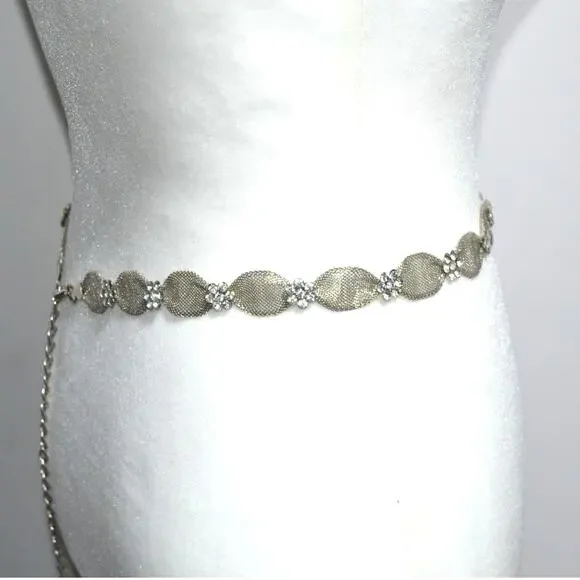 Silver Mesh Metal & Rhinestone Floral Belt Bridal